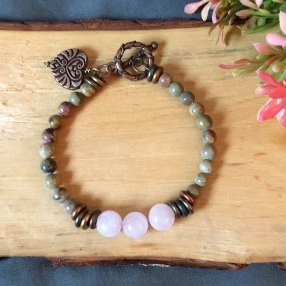 Jasper & rose quartz copper toggle handmade bracelet - Picture 1 of 8